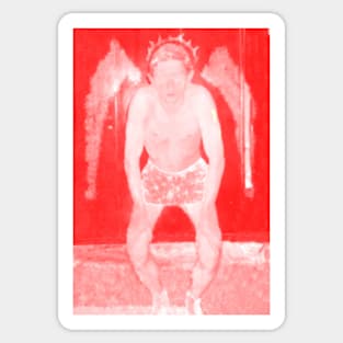 Portrait. Digital collage, special processing. Man in briefs, looking. Angel. Red and white. Sticker